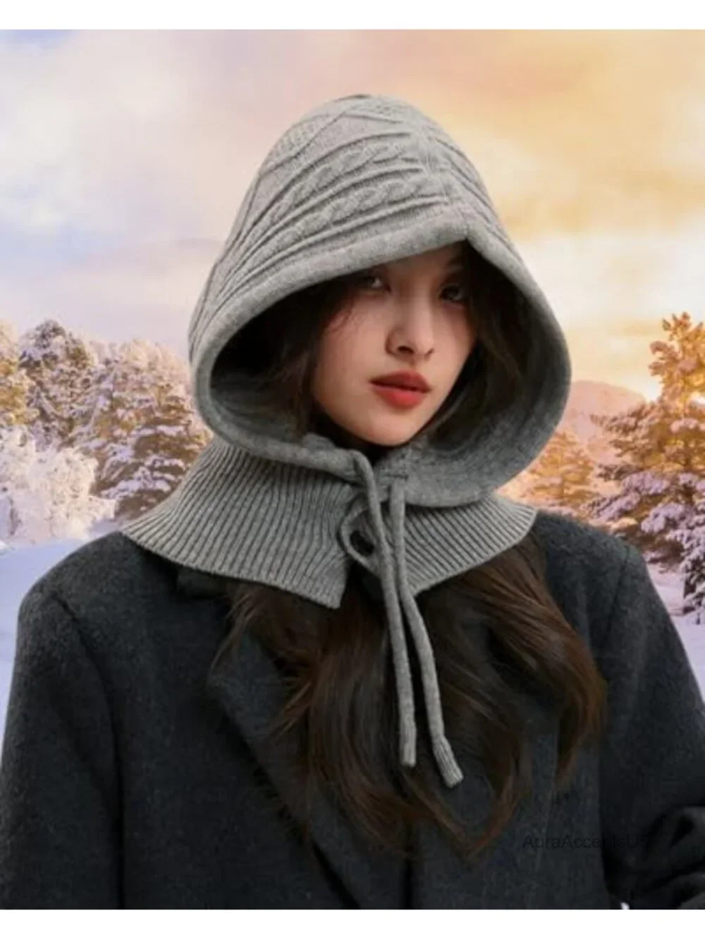 Knit Balaclava Skull Cap Winter Neck Gaiter Adjustable Drawstring Hooded Scarf